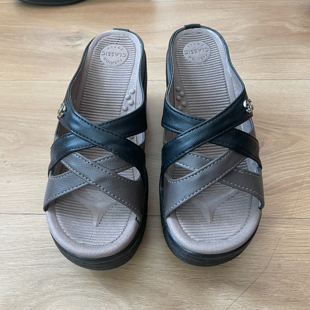Women slide wedge sandal S, black, new